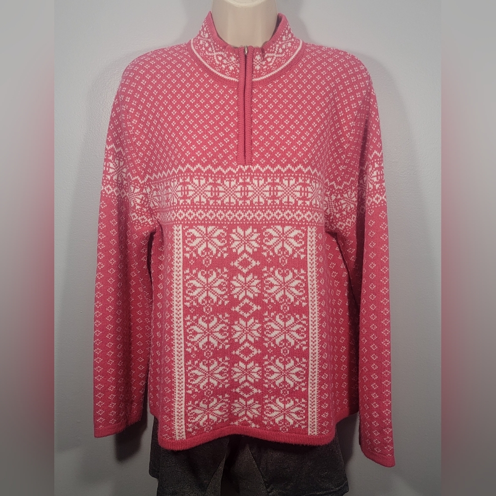 Coldwater Creek Pink and White Snowflake Sweater Large & Loose Mock 1/4 Zip Neck
